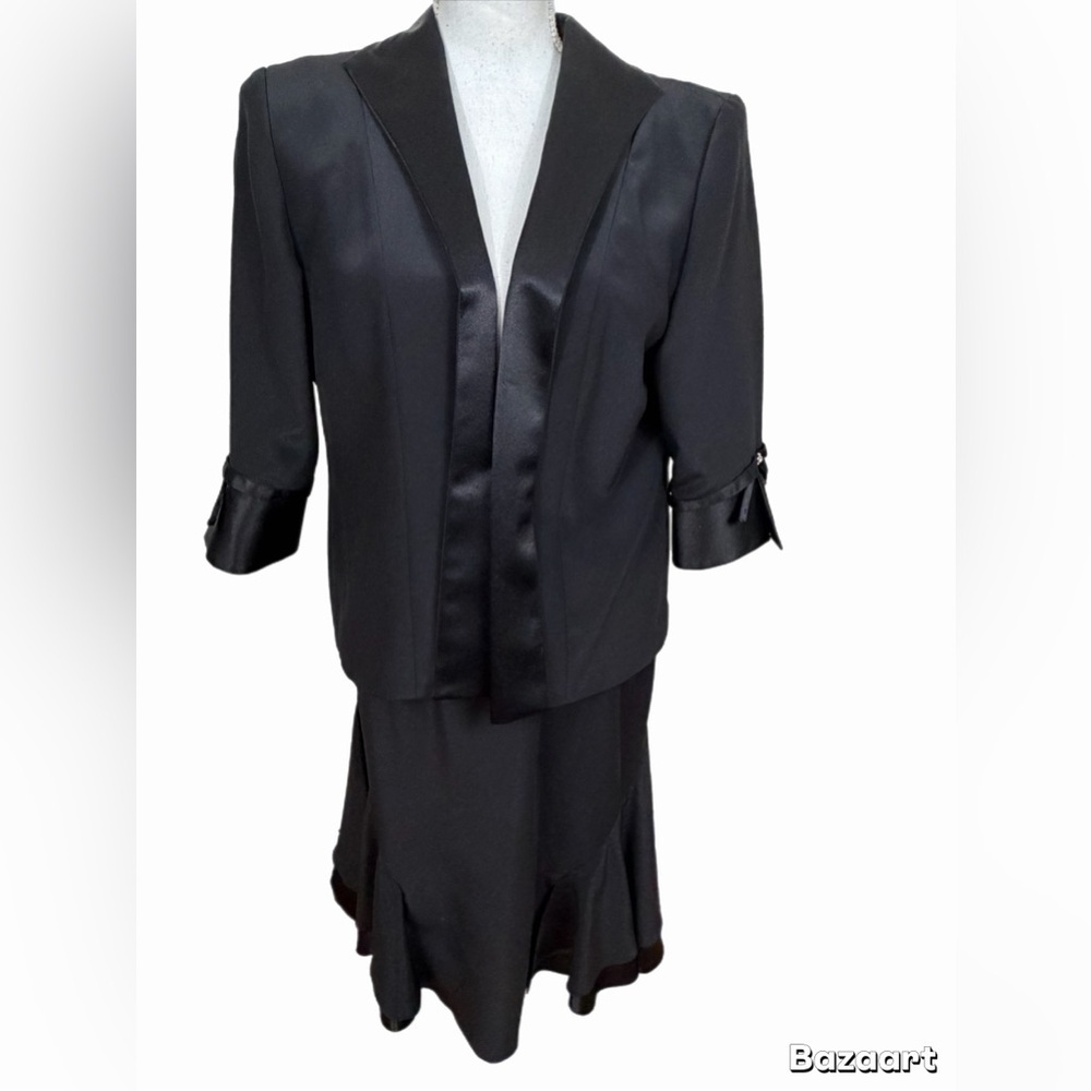 Womens Black Skirt Set Size 16 Jacket Open Front Skirt Elastic Waist